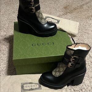 Gucci Kensington Ankle Boots - Black Leather & GG Canvas w/Crystal Buckles